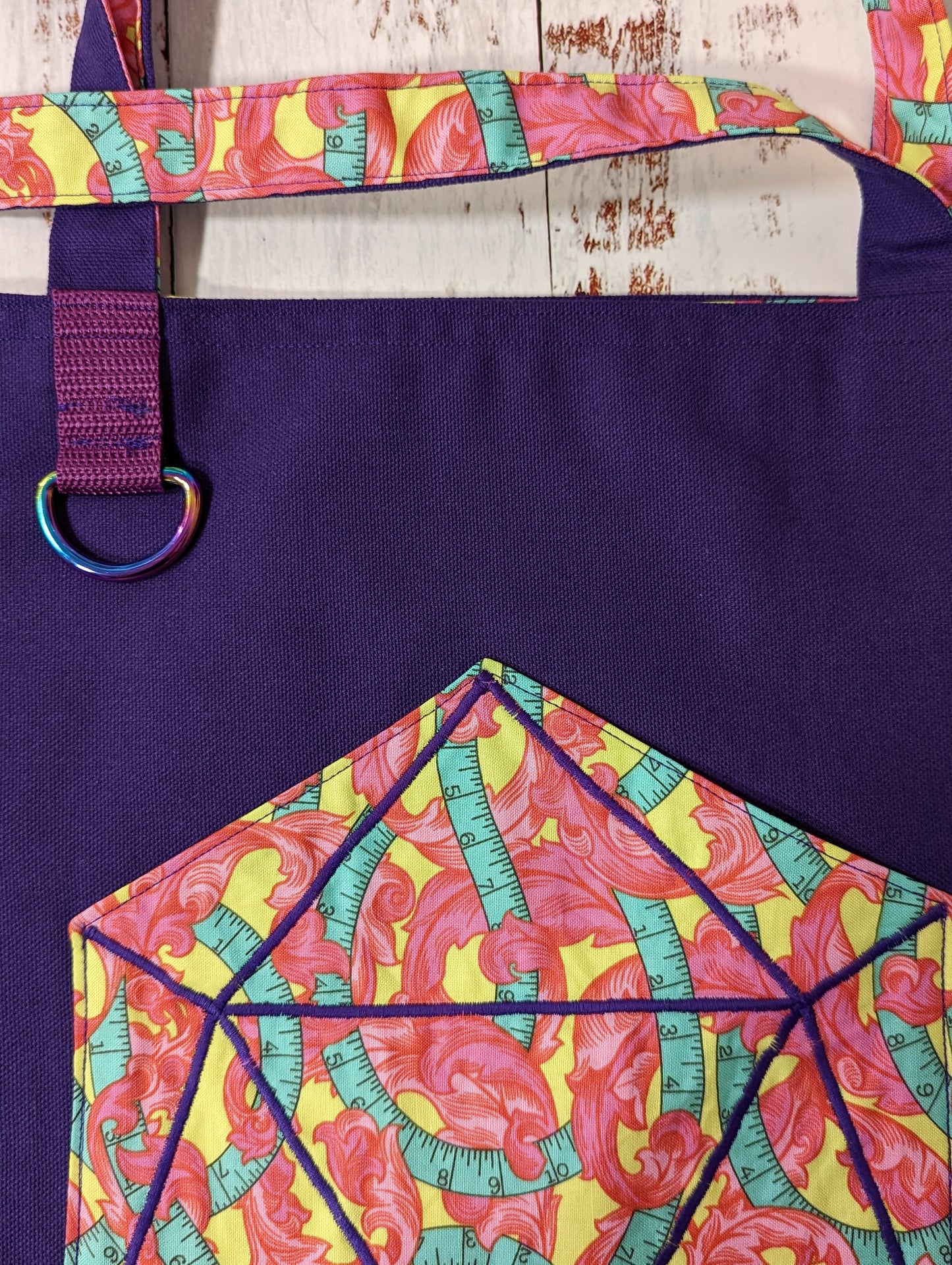 D20 Pink and Green Sewing Tape Pocket Tote Bag