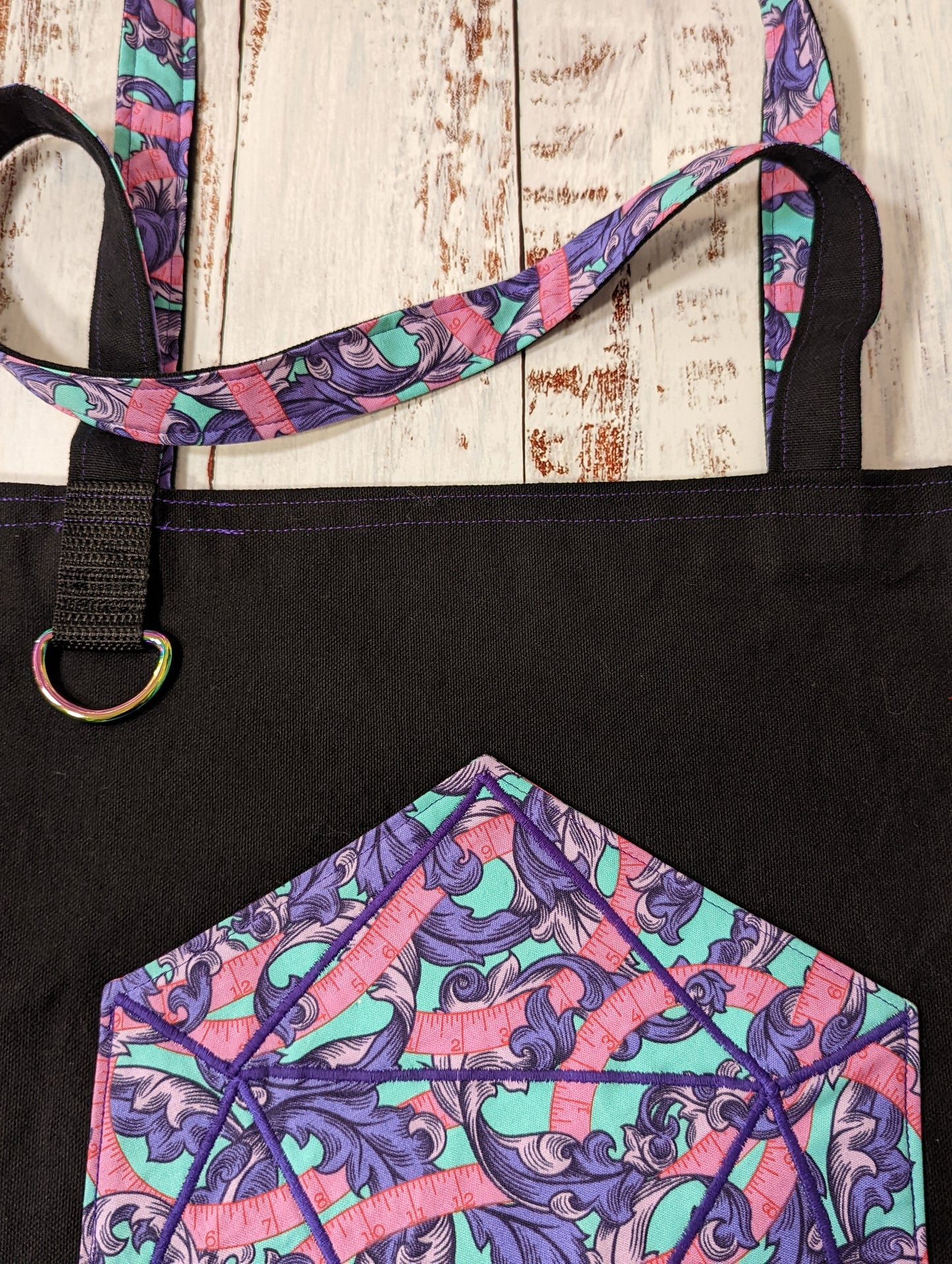 D20 Purple and Pink Sewing Tape Pocket Tote Bag