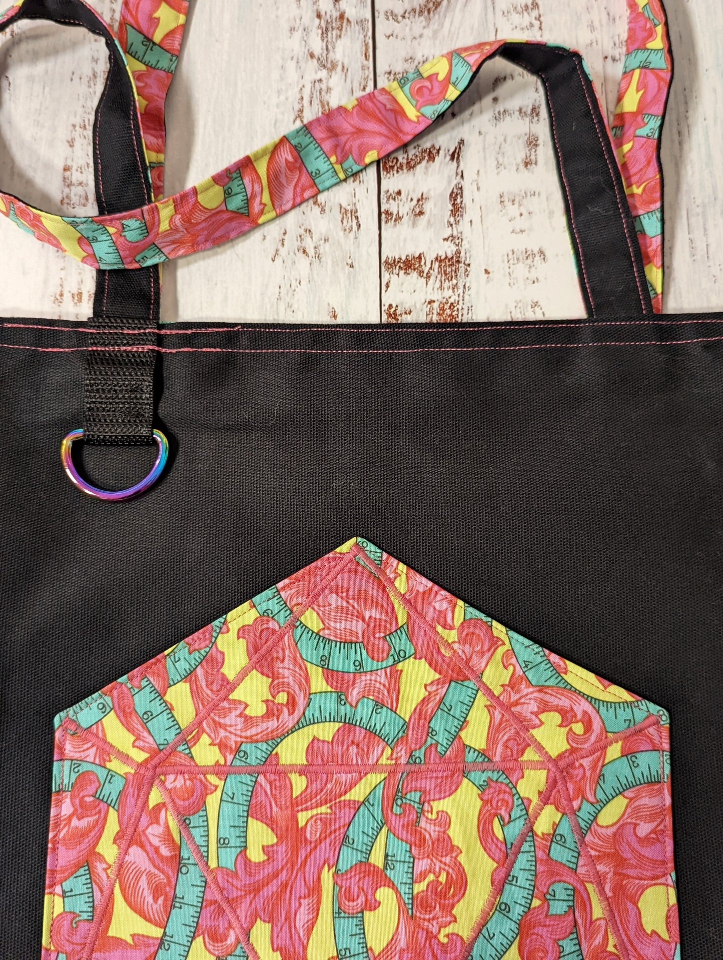 D20 Pink and Green Sewing Tape Pocket Tote Bag