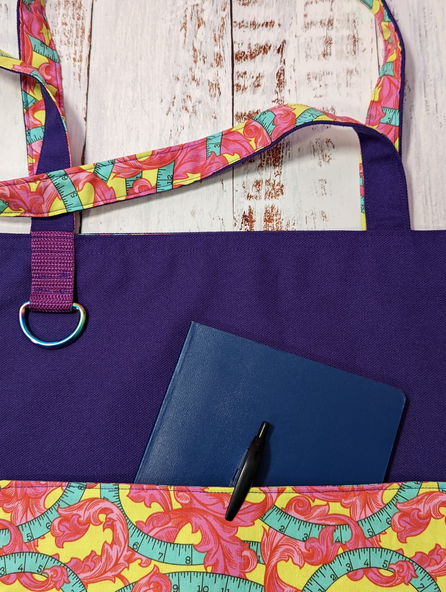 Pink and Green Sewing Tape Square Pocket Tote Bag
