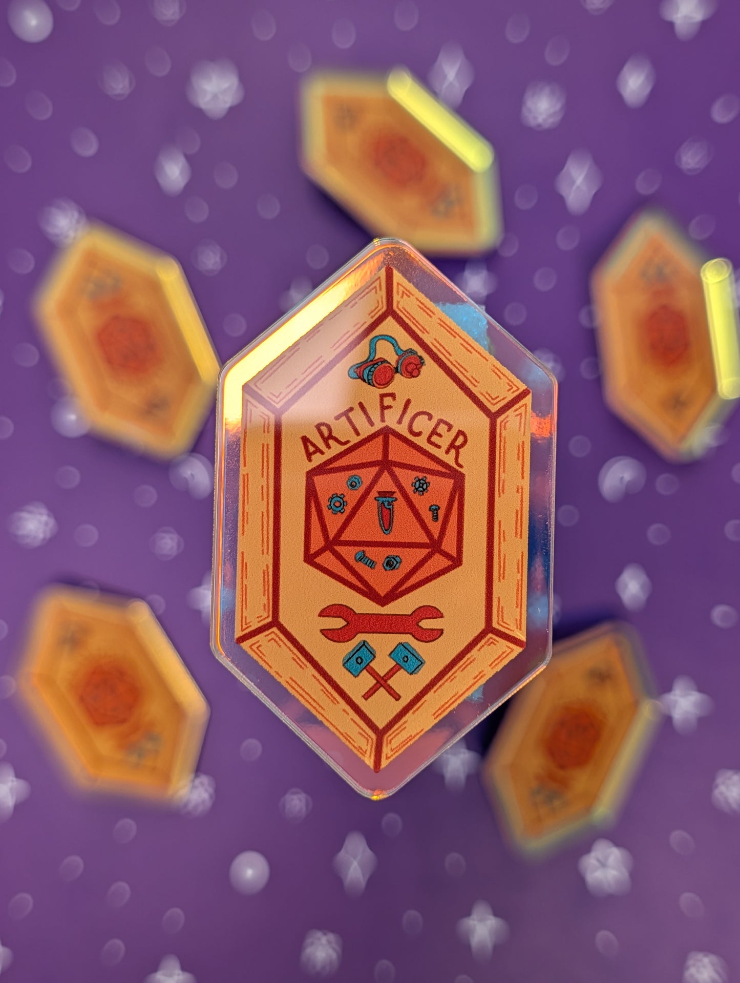 Hexagonal 'Artificer' badge with symbols on a purple background
