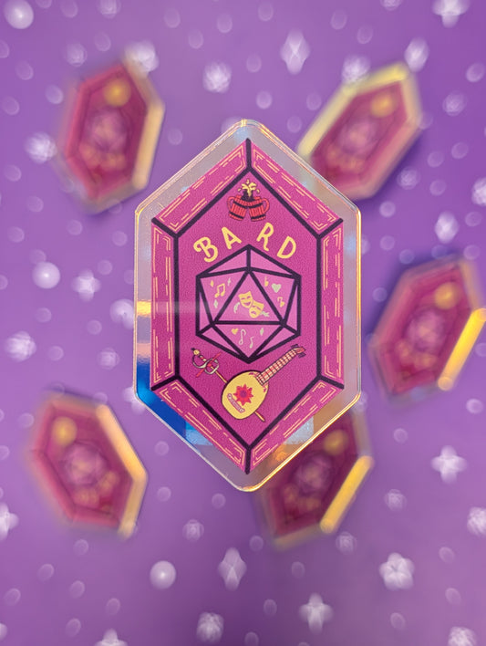 Hexagonal 'Bard' character class card with decorative elements on a purple background