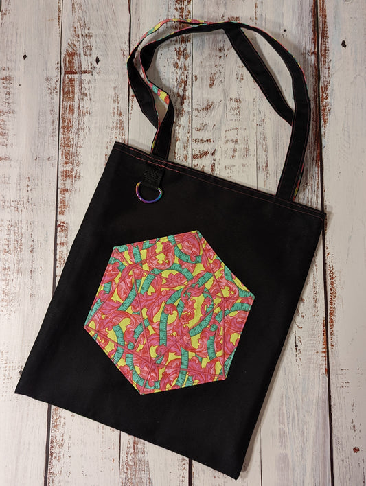 D20 Pink and Green Sewing Tape Pocket Tote Bag