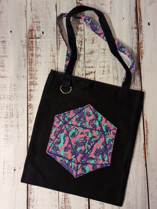 D20 Purple and Pink Sewing Tape Pocket Tote Bag