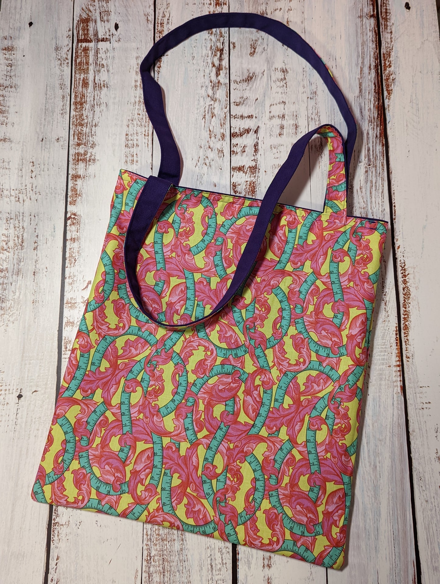 Pink and Green Sewing Tape Square Pocket Tote Bag